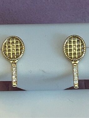 14KT Gold Over SSilver Tennis Racket Stud Earrings w/Round Moissanite Accents